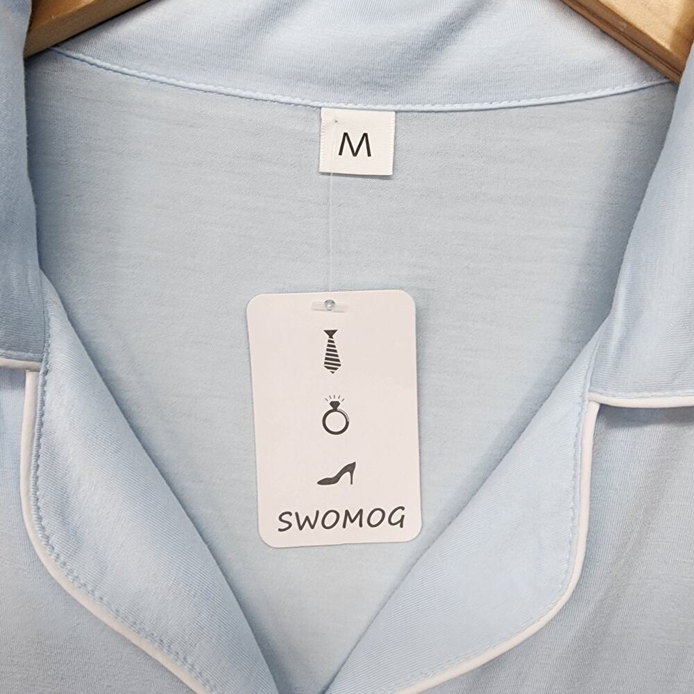 NWT SWOMOG Womens M Blue Button Down Pajama Set Shorts Soft Sleepwear Loungewear - Picture 11 of 14